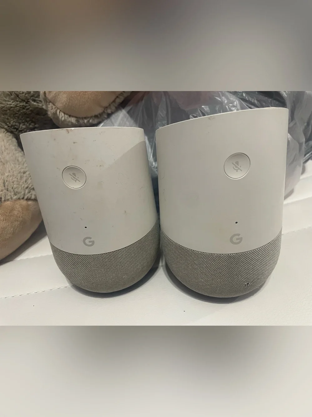 Google Home Smart Speakers in Chalk and Gray